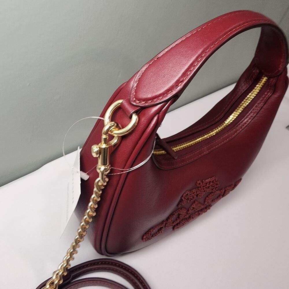 NWT Coach CCE60 Carmen Mini Crossbody Beaded Coach Graphic In DARK WINE Leather - Picture 3 of 7